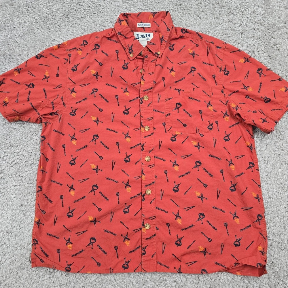 Duluth Trading Co Mens Cotton BBQ Print Button Up Shirt Size L Casual Novelty